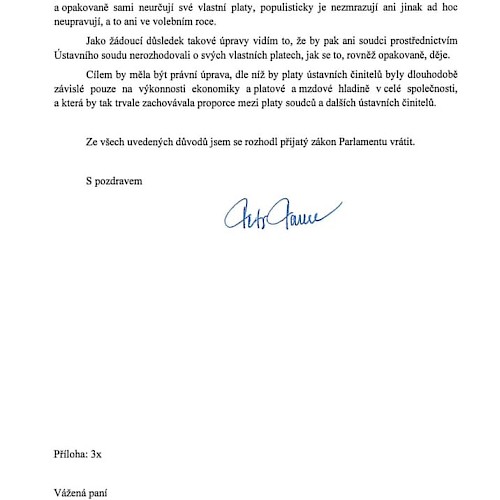 image 1 / Prezidentovo veto k platům ústavních činitelů