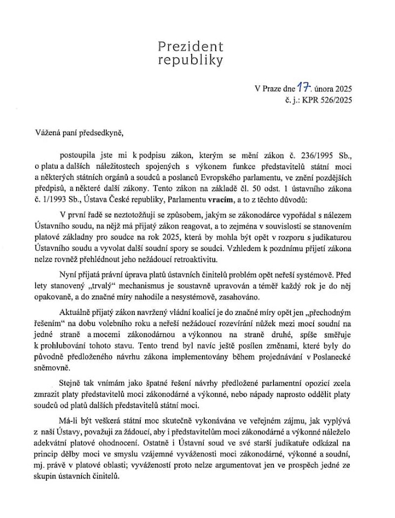 image Prezidentovo veto k platům ústavních činitelů